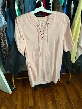 Shirt dress with pockets.  Peach color.